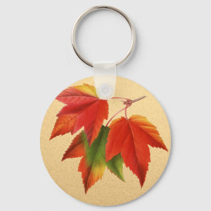 Autumn Leaves Fall Colors Maple Leaf on Gold Key Ring