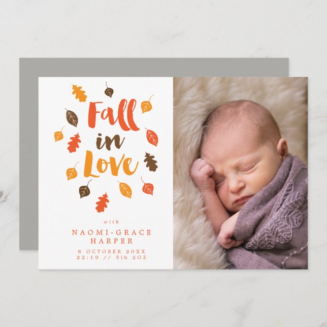 Autumn Leaves Fall In Love Photo Birth Annoucement Invitation (Front/Back)