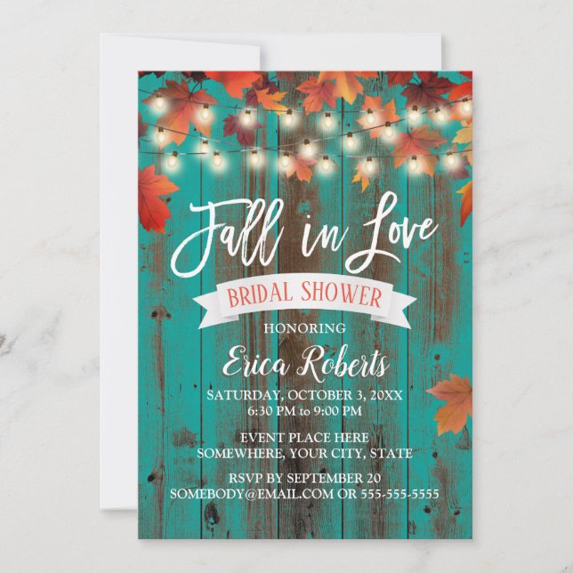 Autumn Leaves Fall in Love Teal Barn Bridal Shower Invitation (Front)