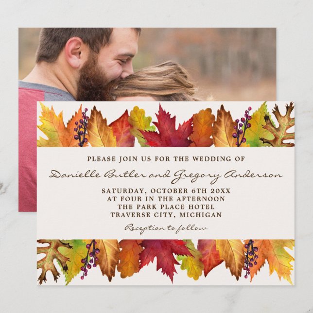 Autumn Leaves Fall Photo Wedding Invitation (Front/Back)