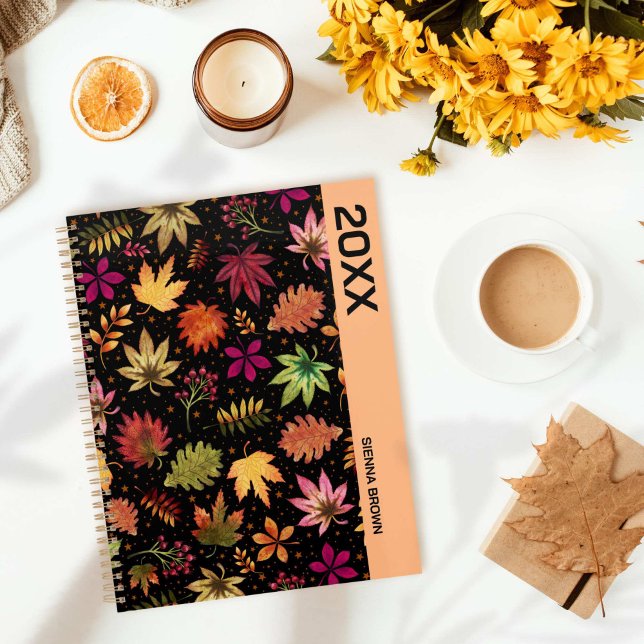 Autumn Leaves Fall Planner on Black (Botanical Autumn Leaves Fall Foliage on Black Planner)
