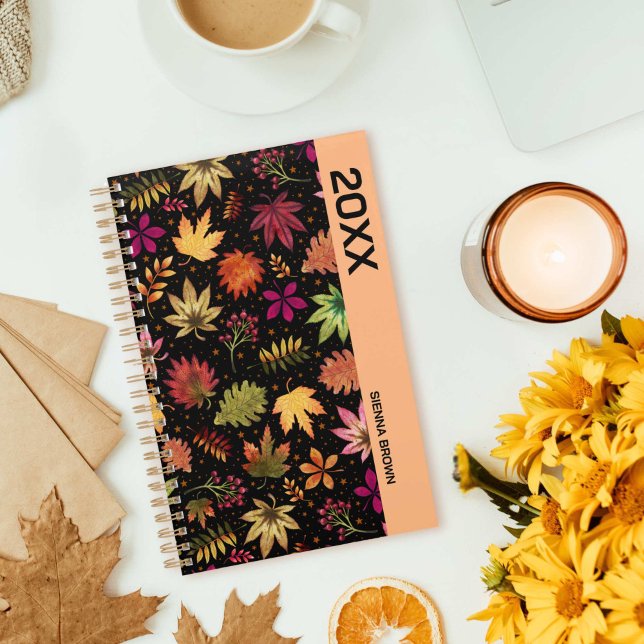 Autumn Leaves Fall Planner on Black (Botanical Autumn Leaves Fall Foliage Name Planner)