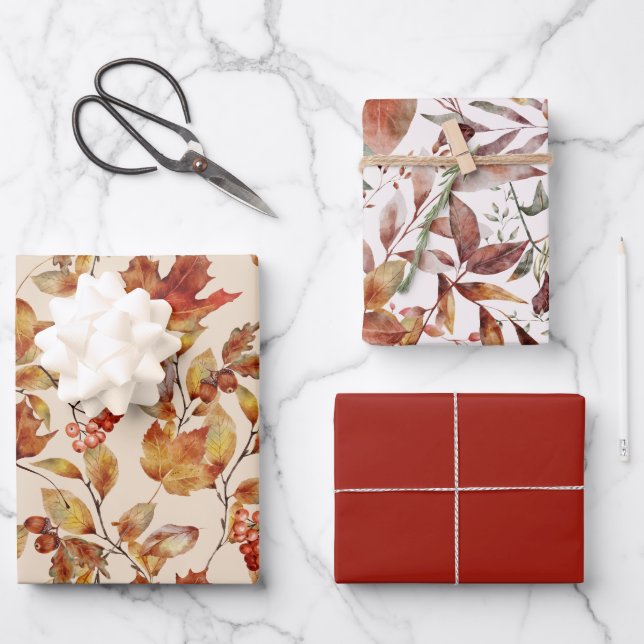  Autumn Leaves Fall Red Gold Brown Wrapping Paper Sheet (Front)