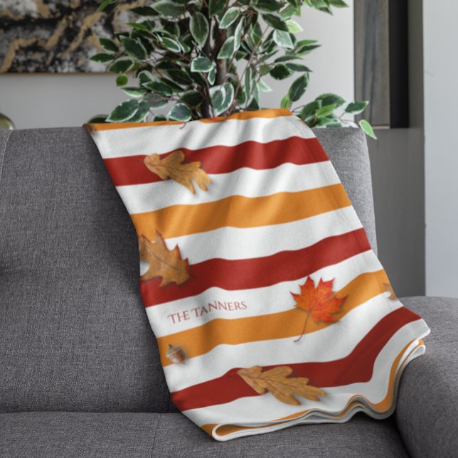 Autumn Leaves Fall Striped Personalised Fleece Blanket (Creator Uploaded)