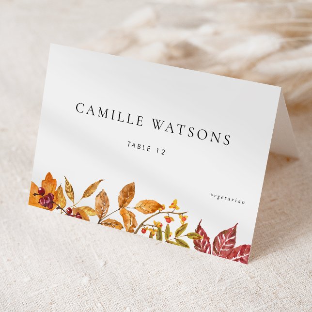 Autumn Leaves Fall Wedding Meal Choice Place Card (Customizable Fall Wedding Place Card with Meal Choice featuring Watercolor Autumn Foliage)