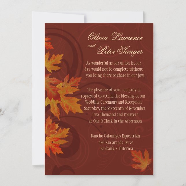 Autumn Leaves Fall Wedding metallic brown Invitation (Front)