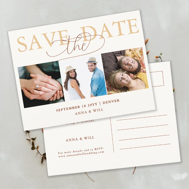 Autumn Leaves Fall Wedding Photo Save the Date Postcard (Fall Autumn Leaves Photo Wedding Save the Date Postcard Modern Calligraphy Terracotta Burnt Orange)