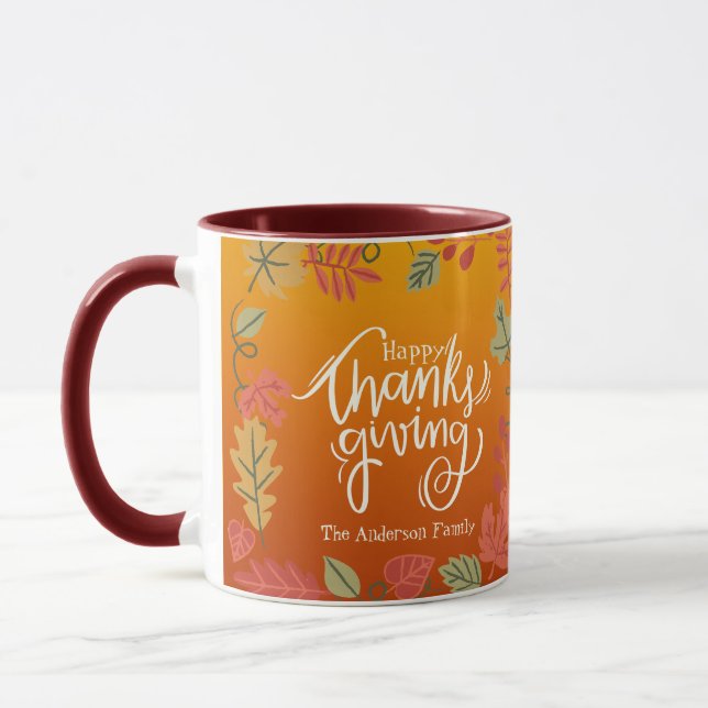 Autumn Leaves Family Name Happy Thanksgiving Mug (Left)
