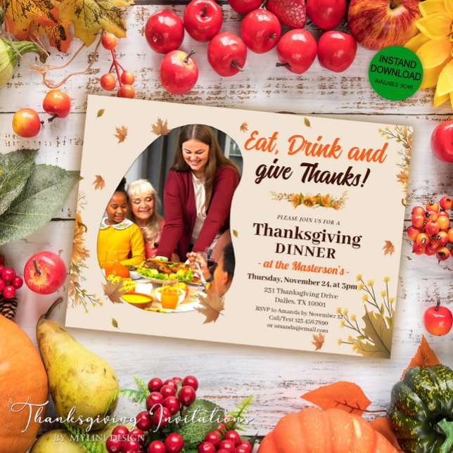 Autumn Leaves Family Photo Thanksgiving Dinner Invitation (Creator Uploaded)