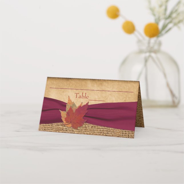 Autumn Leaves FAUX Burlap, Burgundy Ribbon Place Card (Front)