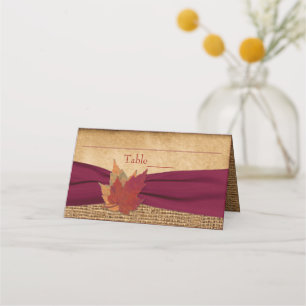 Autumn Leaves FAUX Burlap, Burgundy Ribbon Place Card