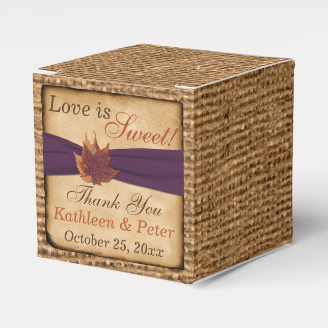 Autumn Leaves, FAUX Burlap Favour Box - Purple (Front Side)