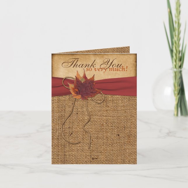 Autumn Leaves, FAUX Burlap PHOTO Thank You Card (Front)