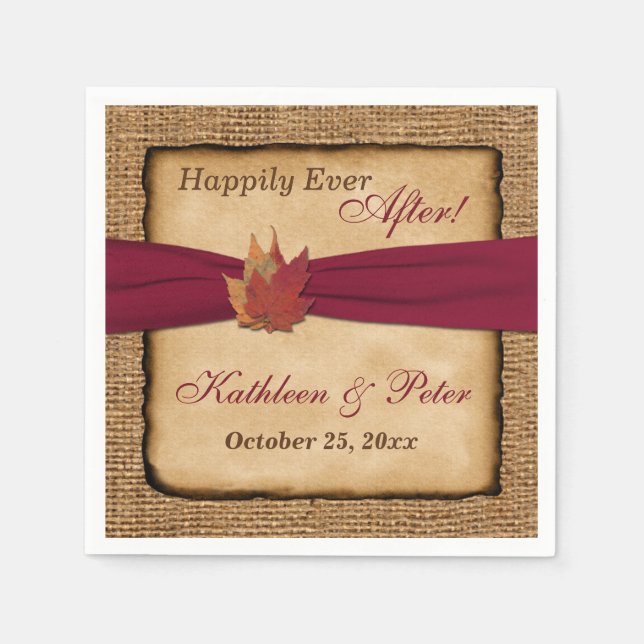 Autumn Leaves, FAUX Burlap Wedding Napkins 5 (Front)