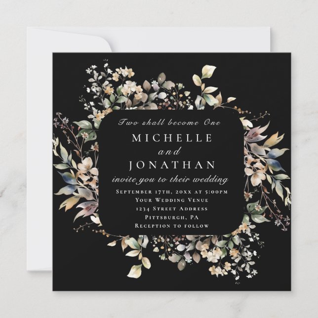 Autumn Leaves Floral on Black Bible Verse Wedding Invitation (Front)