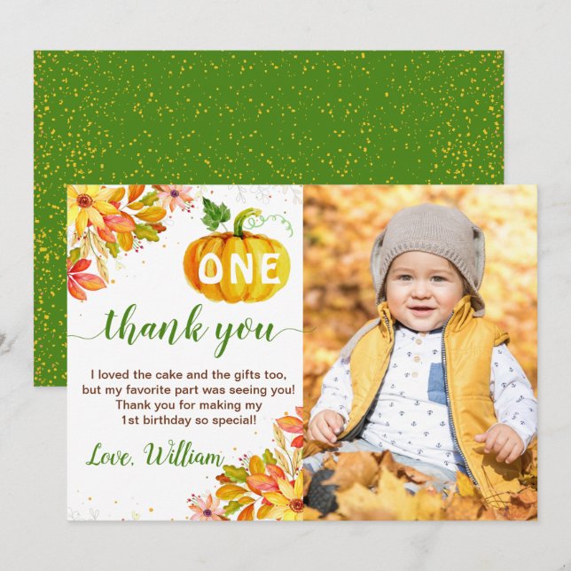 Autumn Leaves Floral Pumpkin 1st Birthday Photo Thank You Card (Front/Back)