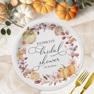 Autumn Leaves Floral Pumpkin Fall Bridal Shower Paper Plate