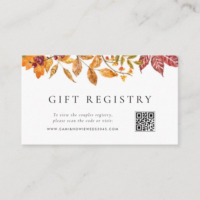 Autumn Leaves Garland QR Code Wedding Registry Enclosure Card (Front)