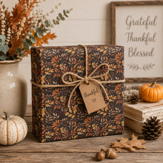 Autumn Leaves Gift Wrap in Rich Brown Gold & Cream