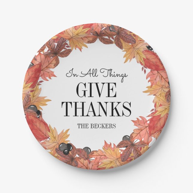 Autumn Leaves Give Thanks Thanksgiving Paper Plate (Front)