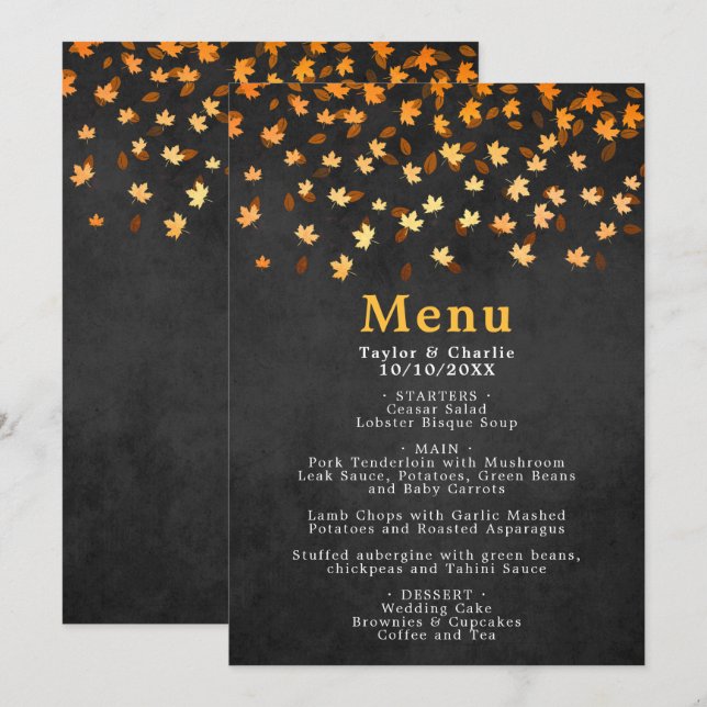 Autumn Leaves Gold and Black Wedding Menu (Front/Back)