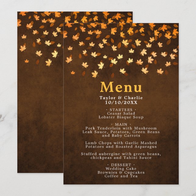 Autumn Leaves Gold and Brown Wedding Menu (Front/Back)