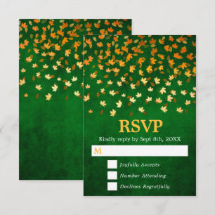 Autumn Leaves Gold and Green Grunge Wedding RSVP Card
