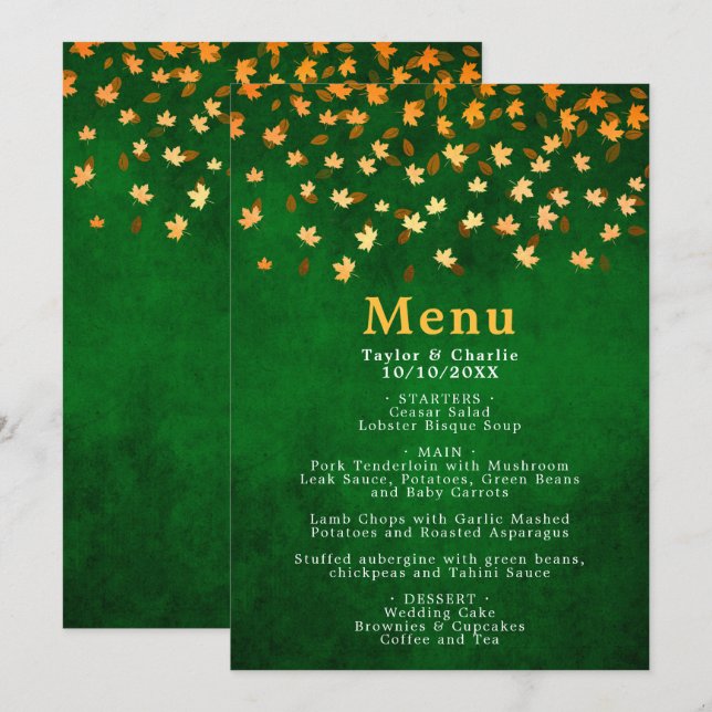 Autumn Leaves Gold and Green Wedding Menu (Front/Back)