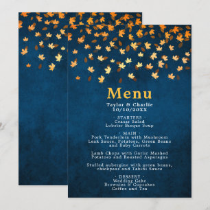 Autumn Leaves Gold and Navy Blue Wedding Menu