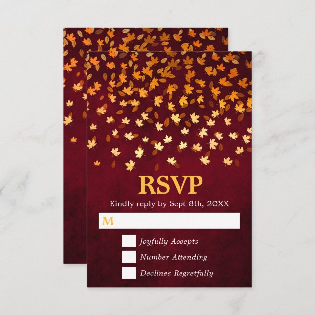 Autumn Leaves Gold and Red Grunge Wedding RSVP Card (Front/Back)