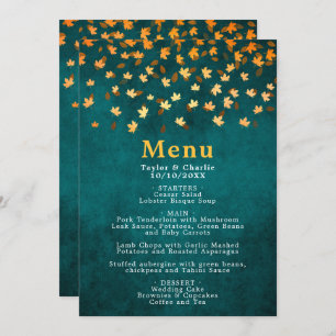 Autumn Leaves Gold and Teal Blue Wedding Menu
