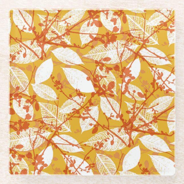 Autumn Leaves: Golden Vintage Repeat Glass Coaster (Front)
