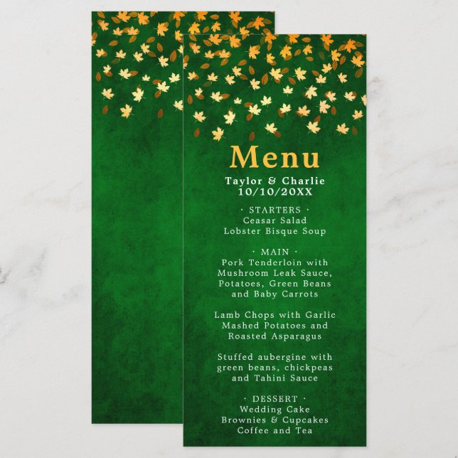 Autumn Leaves Green and Gold Wedding Menu (Front/Back)