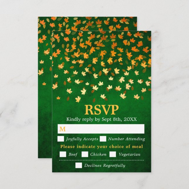 Autumn Leaves Green Grunge Wedding Meal Choice RSVP Card (Front/Back)