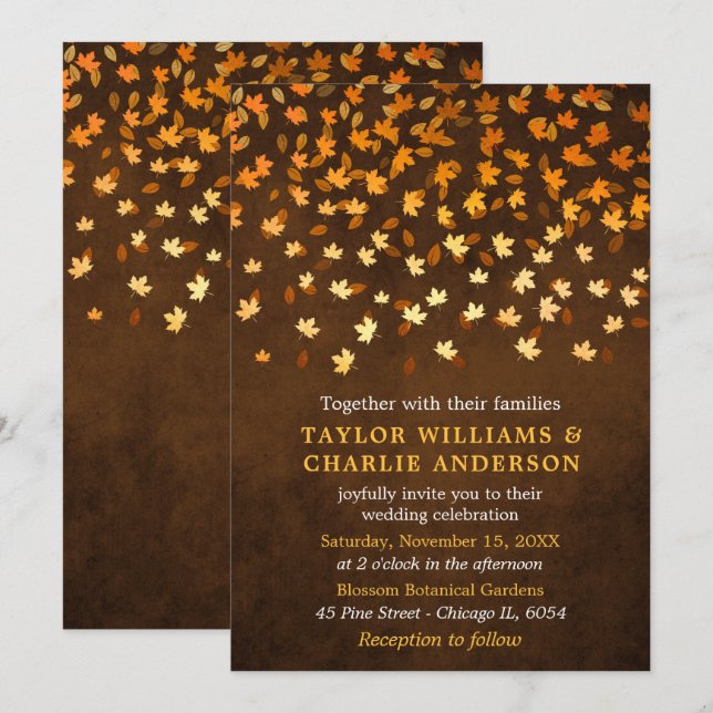 Autumn Leaves Grunge Gold and Brown Wedding Invitation (Front/Back)