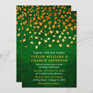 Autumn Leaves Grunge Gold and Green Wedding Invitation
