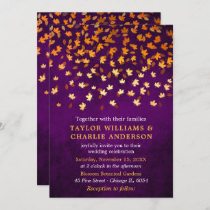 Autumn Leaves Grunge Gold and Purple Wedding Invitation