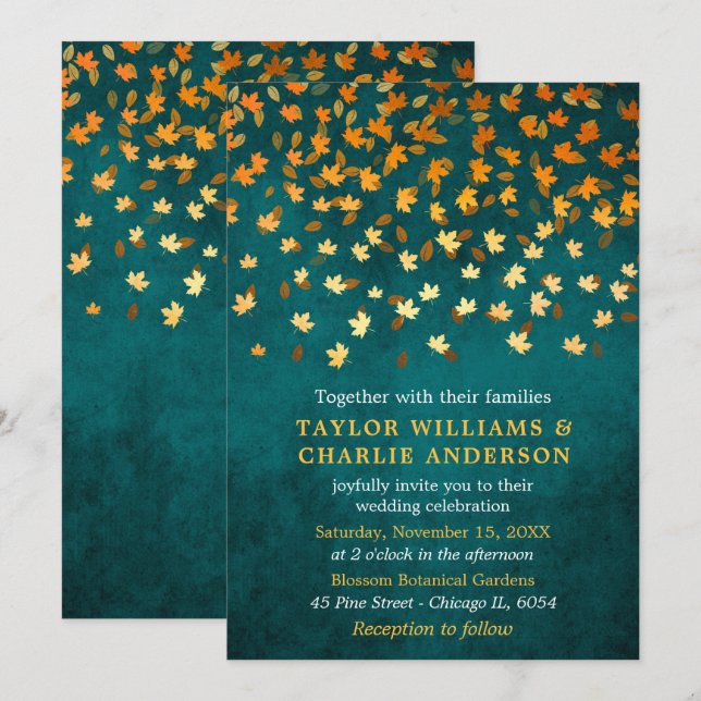 Autumn Leaves Grunge Gold and Teal Wedding Invitation (Front/Back)