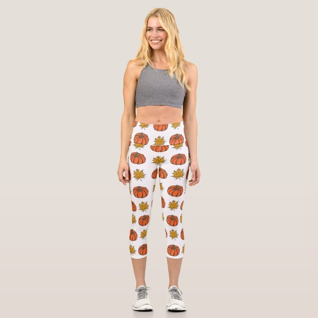 Autumn Leaves: Hand-Drawn Pumpkin Pattern Capri Leggings (Front)