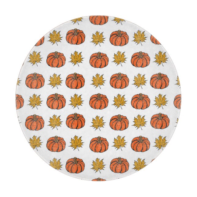 Autumn Leaves: Hand-Drawn Pumpkin Pattern Cutting Board (Front)