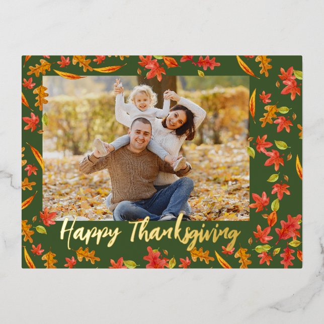 Autumn Leaves Happy Thanksgiving 2 Photo Foil Holiday Postcard (Front)