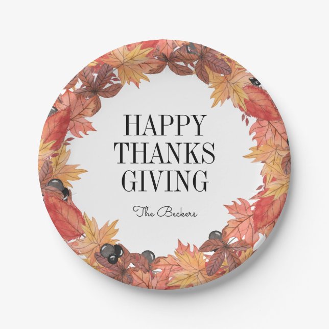 Autumn Leaves Happy Thanksgiving Paper Plate (Front)