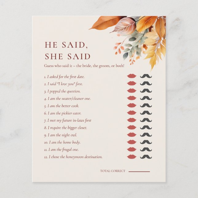 Autumn Leaves He Said She Said Bridal Shower Game (Front)