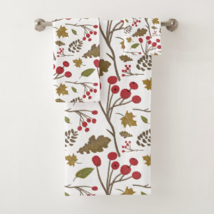 Autumn leaves holly foliage fall colour pattern bath towel set