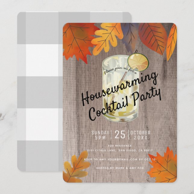 Autumn Leaves Housewarming Cocktail Party Wood Invitation (Front/Back)
