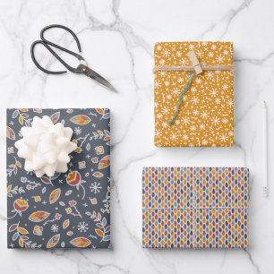 Autumn Leaves in Blue and Ochre Wrapping Paper Sheet