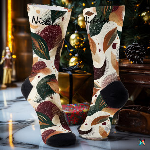 Autumn Leaves in Burgundy, Green, and Mustard Socks
