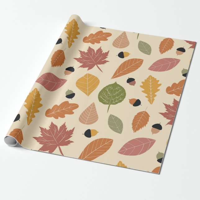 Autumn Leaves in Terracotta, Brown and Green  Wrapping Paper (Unrolled)