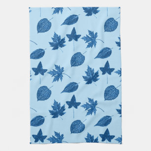 Autumn leaves - indigo and pale blue tea towel
