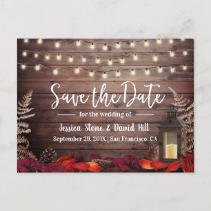 Autumn Leaves & Lantern Fall Wedding Save the Date Announcement Postcard